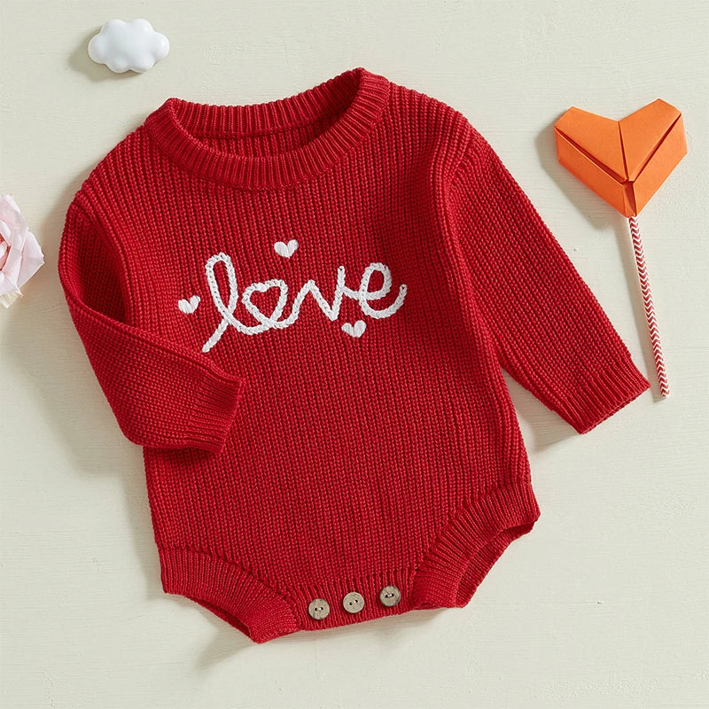 Baby Girl Boy Love Valentine’s Day Romper Long Sleeve O-Neck Letter Embroidery Knit Jumpsuit Sweater Bodysuit