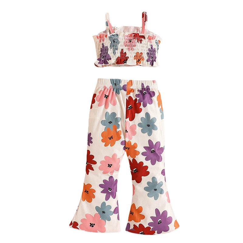 Baby Toddler Kids Girls 2Pcs Summer Sleeveless Tank Top Ruched Floral Flower Print Camisole Flared Matching Long Pants Set Outfit