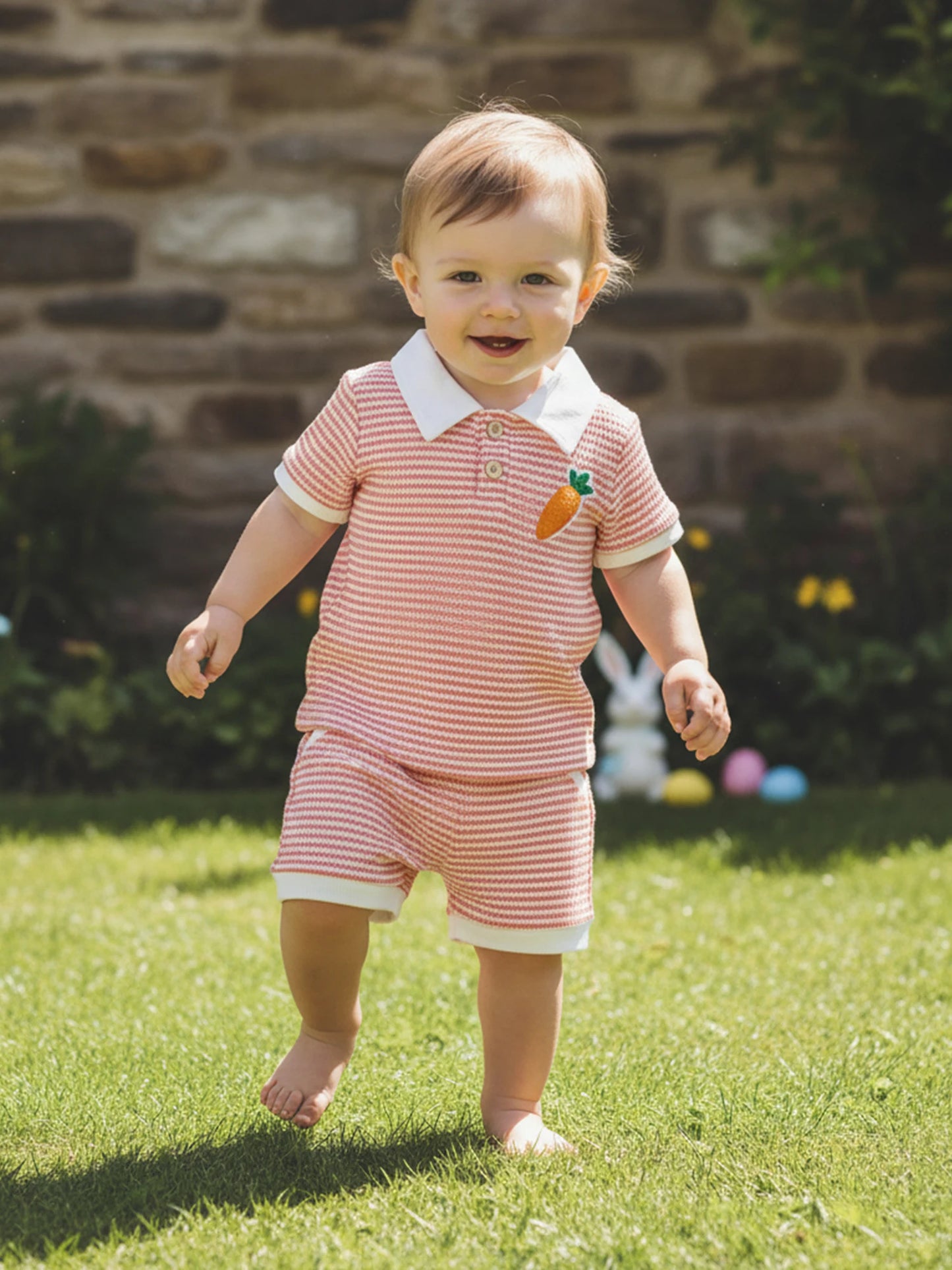 Baby Toddler Boys 2Pcs Easter Outfit Fashionable Striped Short Sleeve Carrot Cross Embroidery Top with Shorts 2Pcs Clothing Set