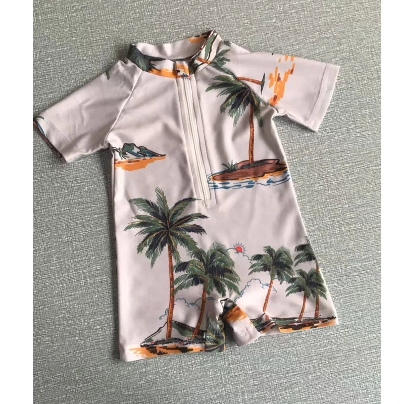 Baby Toddler Boys Rash Guard Swimwear Palm Tree Print Short Sleeve Mock Neck Zip Bathing Suit