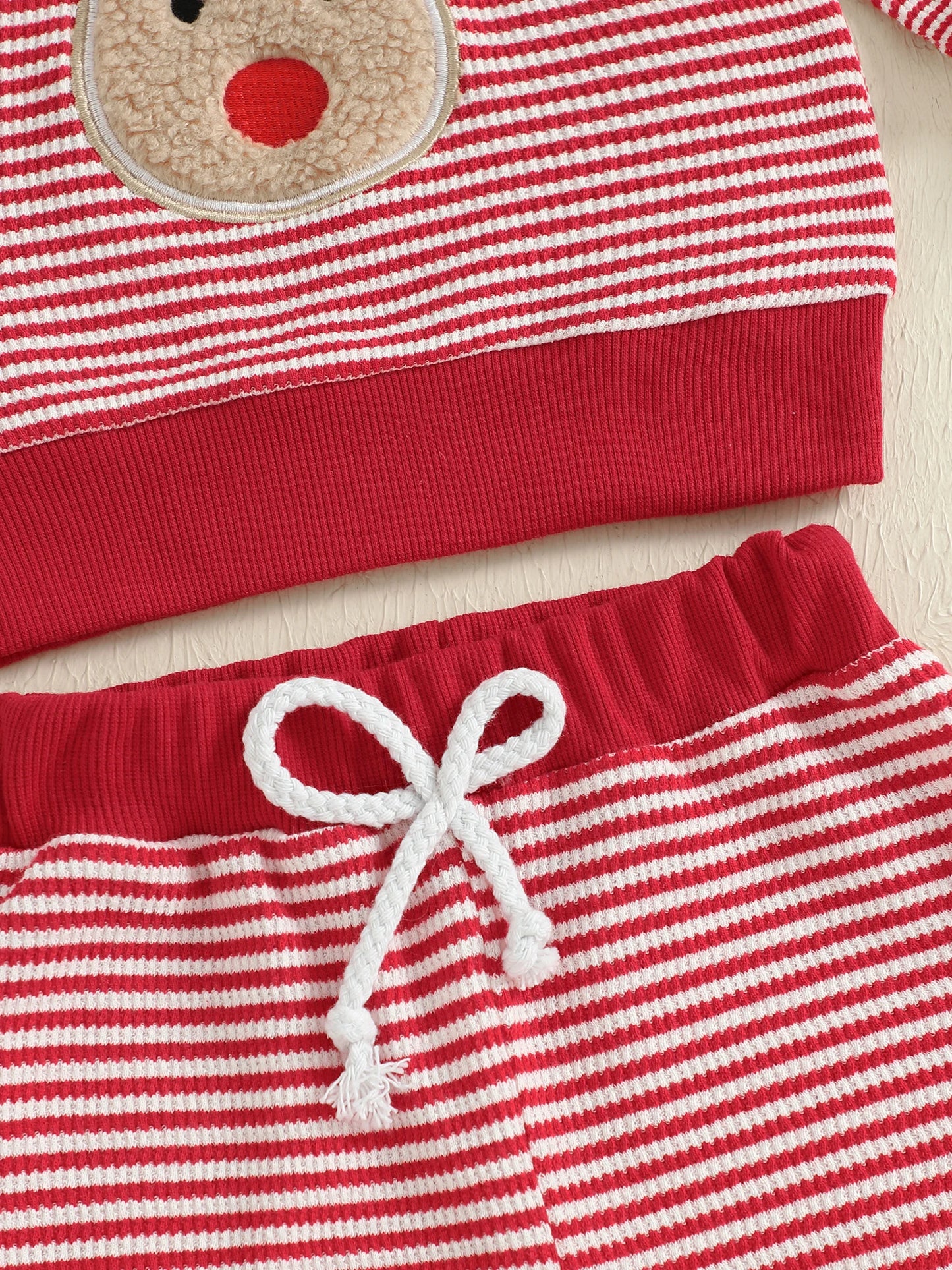 Baby Toddler Boys Girls 2Pcs Christmas Outfit Reindeer Embroidery Stripe Long Sleeve Round Neck Pullover Top + Elastic Waist Long Pants Jogger Set