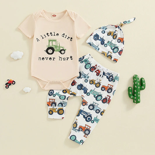 Baby Boys 3Pcs A Little Dirt Never Hurt Outfit Letter Tractors Print Crew Neck Short Sleeve Romper Long Pants Hat Clothes Set