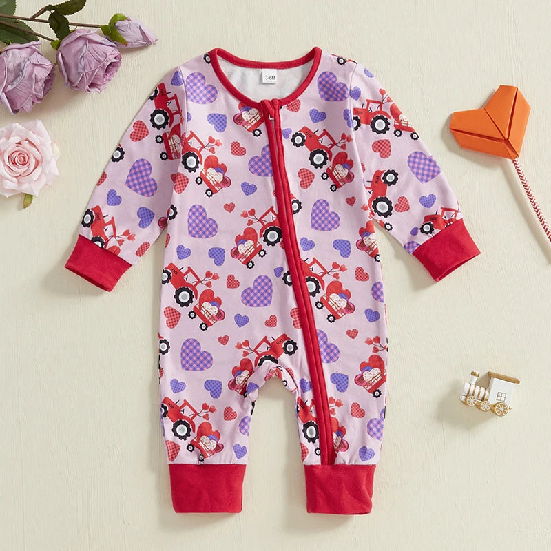 Baby Girl Valentine's Day Romper Heart Tractor Print Zipper Front Long Sleeve Full Length Valentines Jumpsuit