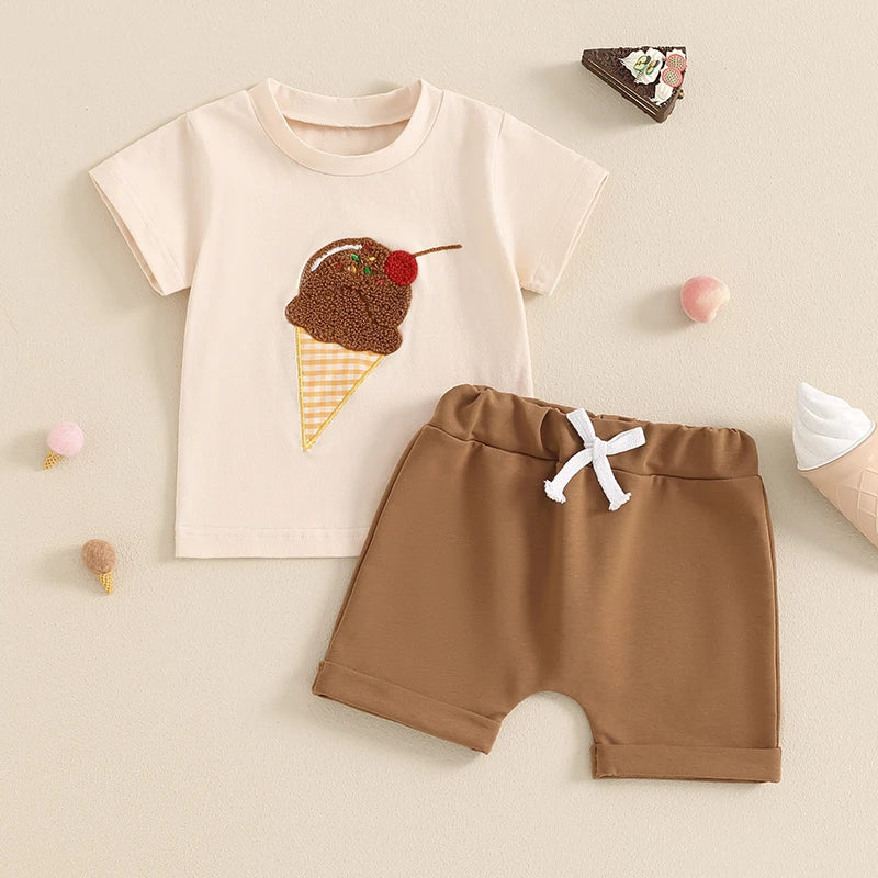 Baby Toddler Girl Boy 2Pcs Summer Outfit Ice Cream Embroidery Short Sleeve Top and Elastic Shorts Set