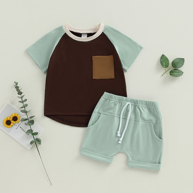 Baby Toddler Boys 2Pcs Short Sleeve Contrast Color Tops Drawstring Shorts Outfit