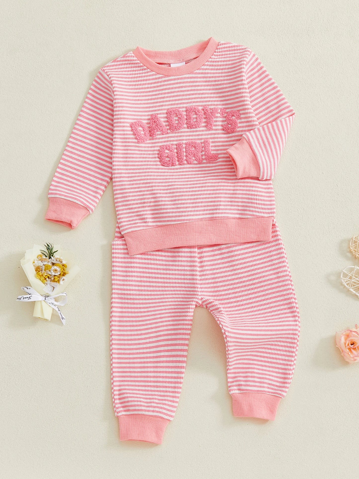 Baby Toddler Girl 2Pcs Daddy's Girl Fall Stripe Outfits Letter Embroidery Long Sleeve Round Neck Pullover Elastic Waist Pants 2Pcs Set