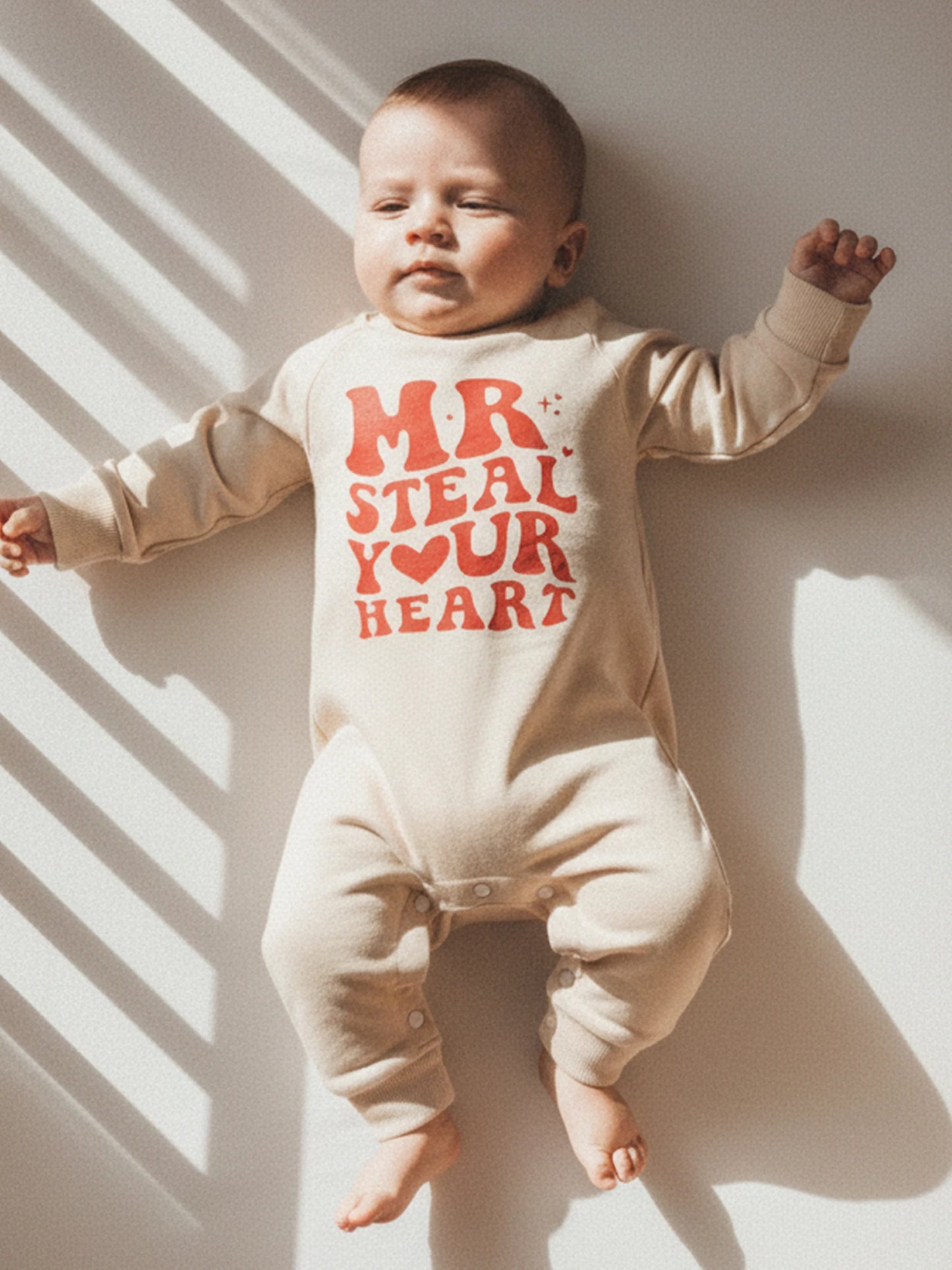 Baby Boy Valentines Romper Mr. Steal Your Heart Fashionable Cute Letters Printed Long Sleeve Jumpsuit
