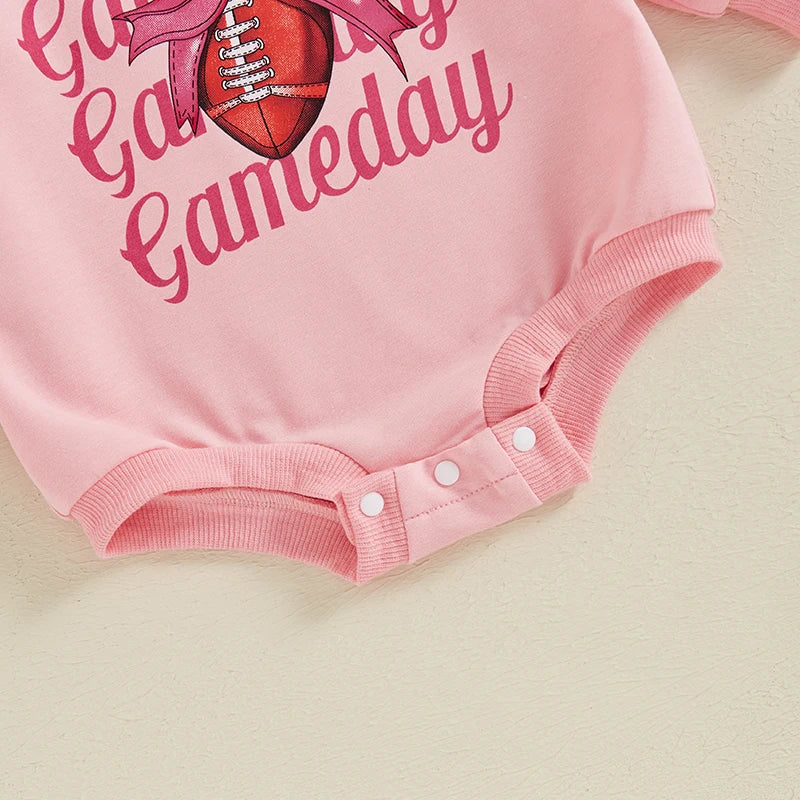 Baby Girls 2Pcs Gameday Football Letter Bow Print Long Sleeve Bubble Romper Headband Outfit Set