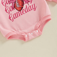 Load image into Gallery viewer, Baby Girls 2Pcs Gameday Football Letter Bow Print Long Sleeve Bubble Romper Headband Outfit Set
