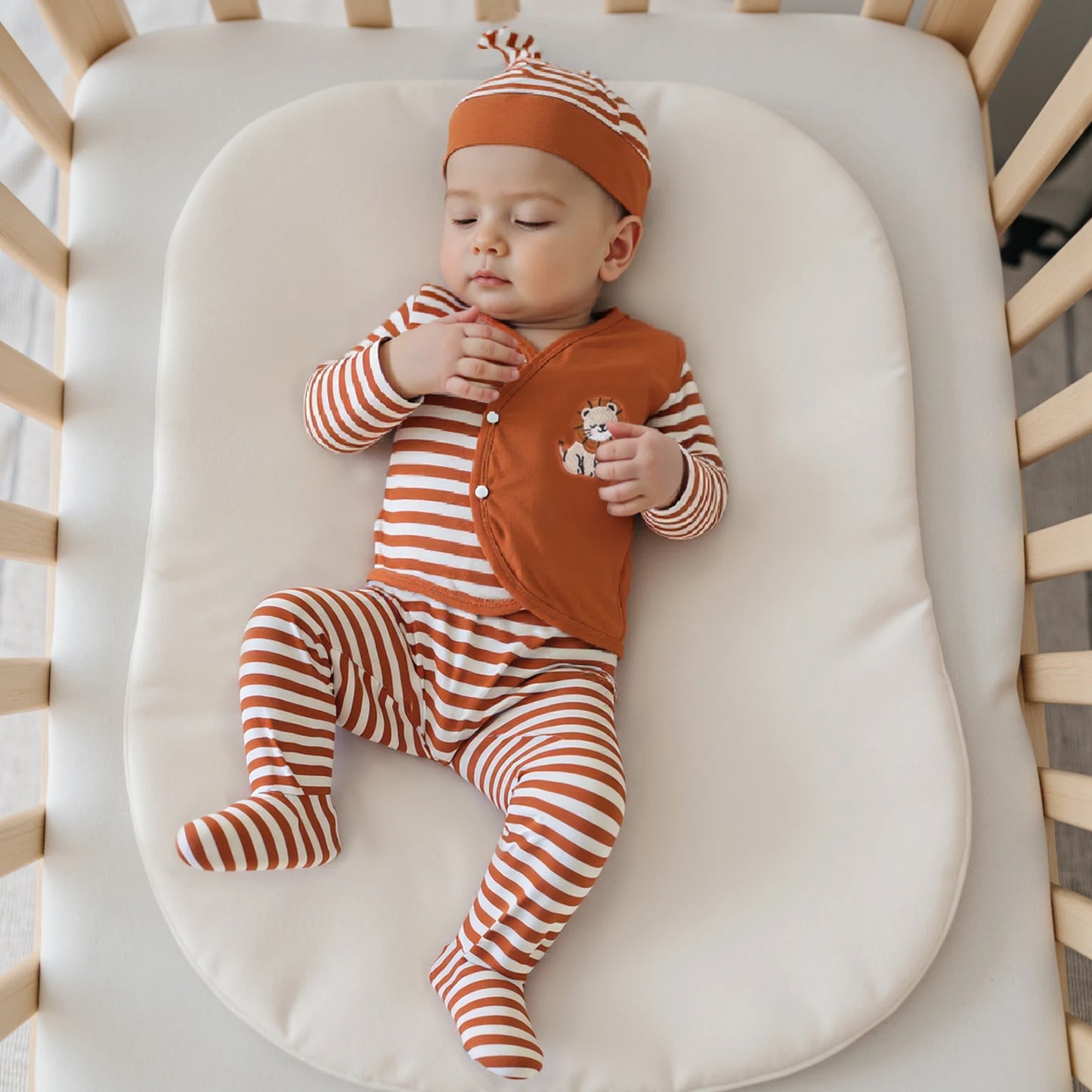 Baby Boys 3PCS Outfit Sets Long Sleeve Lion Embroidery Top Striped Pants Hat Set