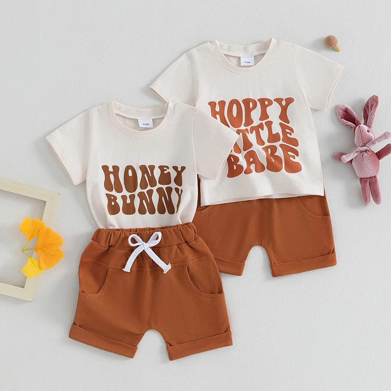 Baby Toddler Girls Boys 2Pcs Easter Clothes Set Hoppy Little Babe / Honey Bunny Letter Print Short Sleeve Top Solid Shorts Outfit