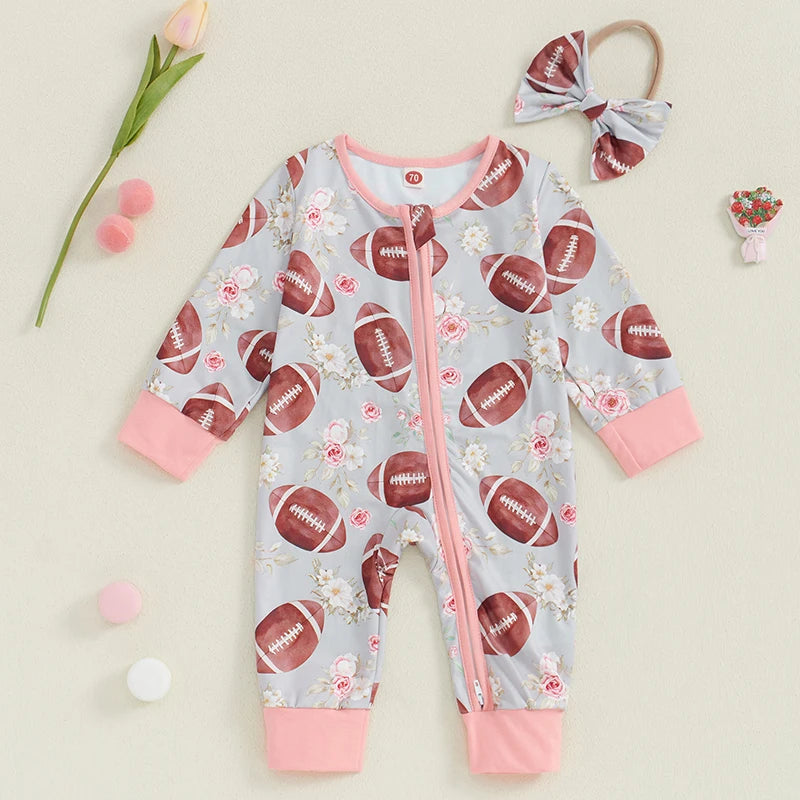 Baby Girl 2Pcs Fall Outfit Long Sleeve Football Flower Print Jumpsuit Zipper Romper with Headband Bow Set