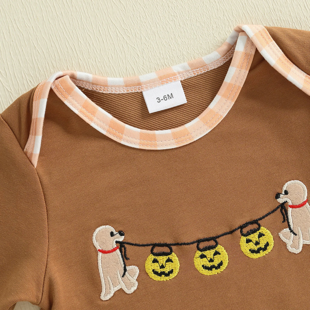 Baby Boys Halloween Romper Pumpkin Dog Embroidery Long Sleeve Round Neck Plaid Jumpsuit