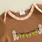 Baby Boys Halloween Romper Pumpkin Dog Embroidery Long Sleeve Round Neck Plaid Jumpsuit