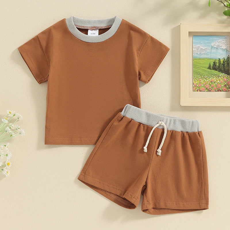 Toddler Baby Boys 2Pcs Clothes Set Contrast Color Short Sleeve Crew Neck Top with Shorts Outfit