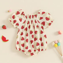 Load image into Gallery viewer, Baby Toddler Girls Strawberry Print Romper Square Neck Puff Sleeve Ruffled Jumpsuit
