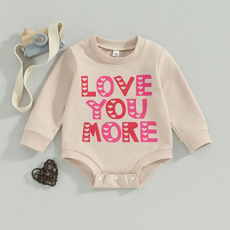 Baby Toddler Girls Valentine's Day Jumpsuit Letter LOVE YOU MORE Heart Print O-Neck Long Sleeve Bubble Romper