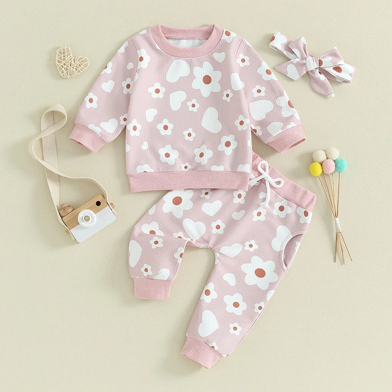 Baby Toddler Girl 3Pcs Valentine's Day Outfit Heart Flower Print Long Sleeve Crewneck Top Casual Pants Set