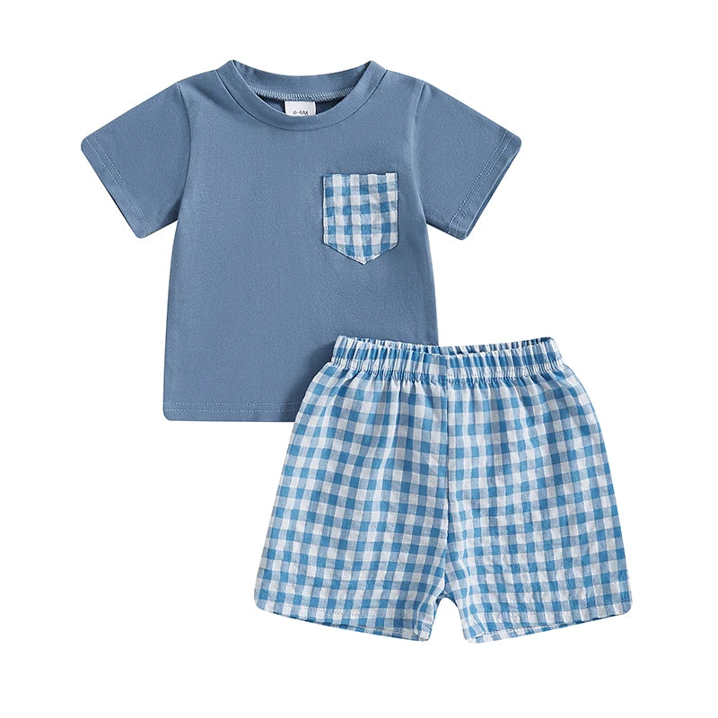 Baby Toddler Boys 2Pcs Summer Spring Outfit Pocket Round Neck Short Sleeve Top with Plaid Pattern Shorts Set