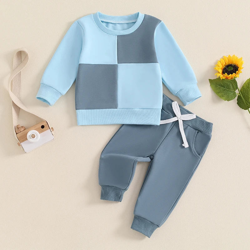 Baby Toddler Boys 2Pcs Fall Outfit Long Sleeve Contrast Color Crewneck Top + Solid Pants Set