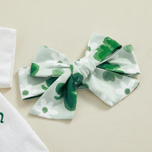 Load image into Gallery viewer, Baby Girl 3Pcs Set My 1st St. Patrick&#39;s Day Short Sleeve Romper with Clover Print Flare Pants and Bow Headband Outfit
