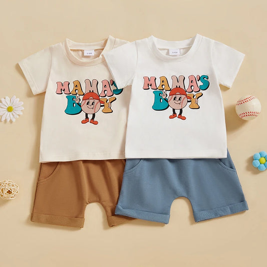 Baby Toddler Boys 2Pcs Mama's Boy Summer Outfit Letter Baseball Print O-Neck Short Sleeve Top with Elastic Waist Shorts Set