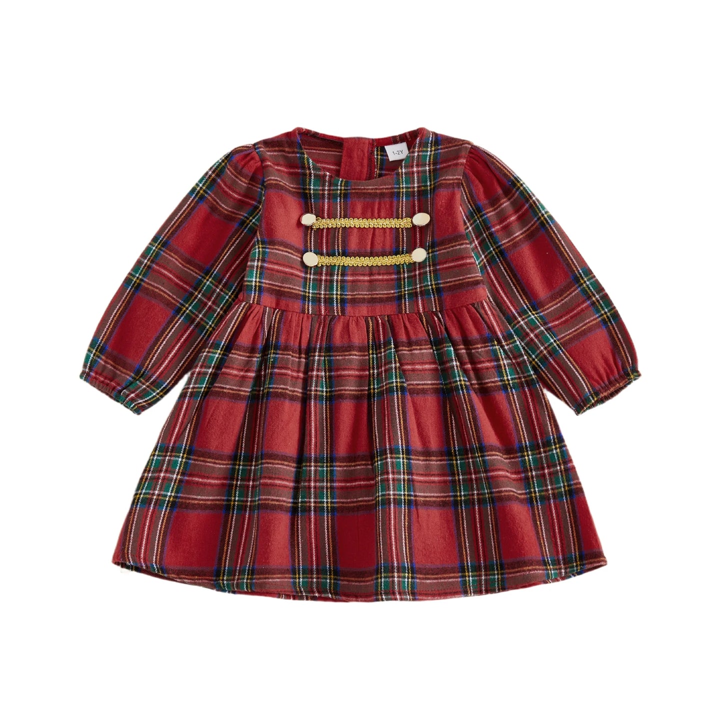 Toddler Kids Girls Sweet Plaid Dress Christmas Long Puff Sleeve Round Neck  A-line Dress