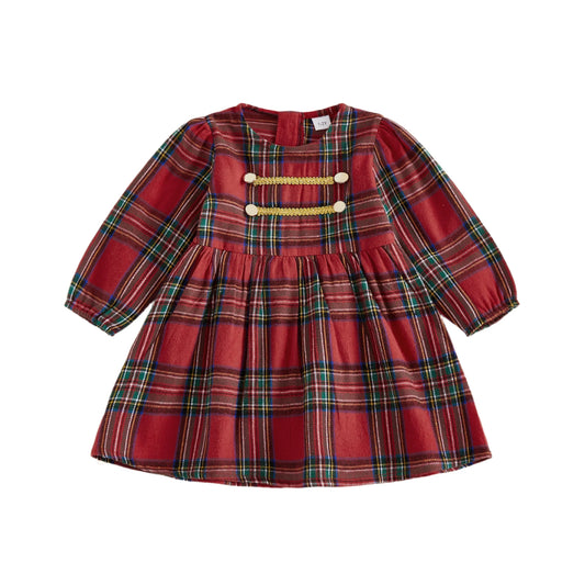 Toddler Kids Girls Sweet Plaid Dress Christmas Long Puff Sleeve Round Neck  A-line Dress