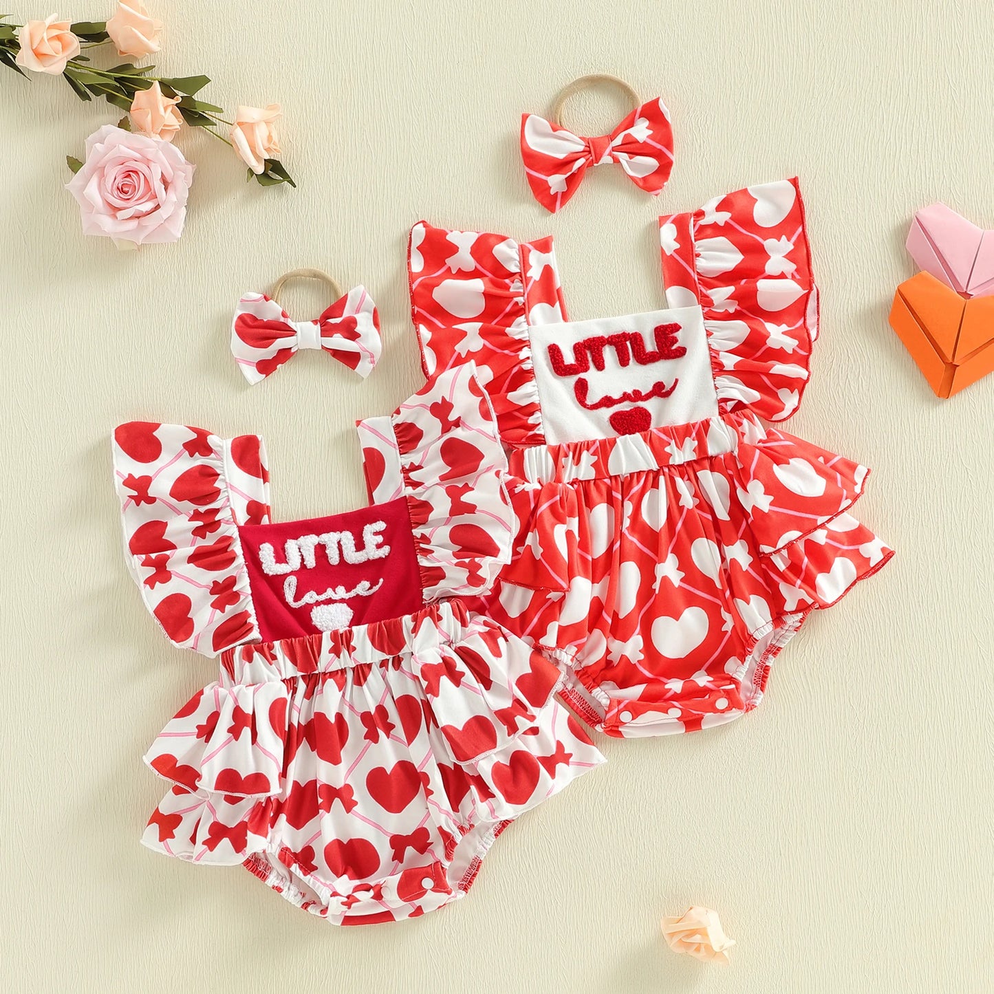Baby Girls 2Pcs Little Love Valentine's Day Romper Flutter Sleeve Letter Embroidery Heart Print Jumpsuits with Bow Headband Set