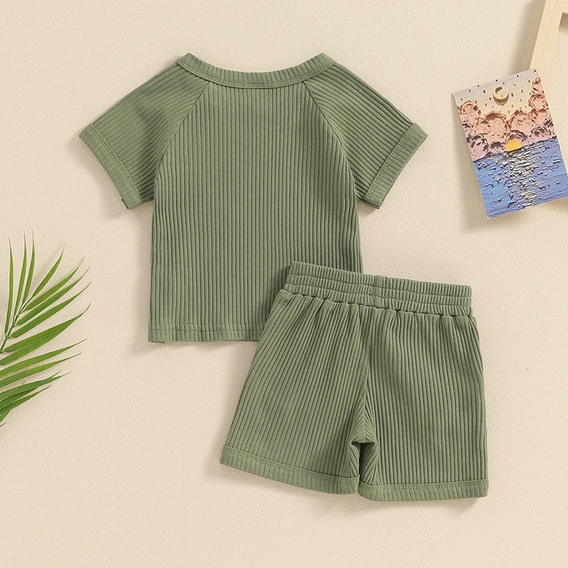 Baby Toddler Boys 2Pcs Summer Outfits Ribbed Solid Color Short Sleeve Top and Shorts Vacation Clothes Set