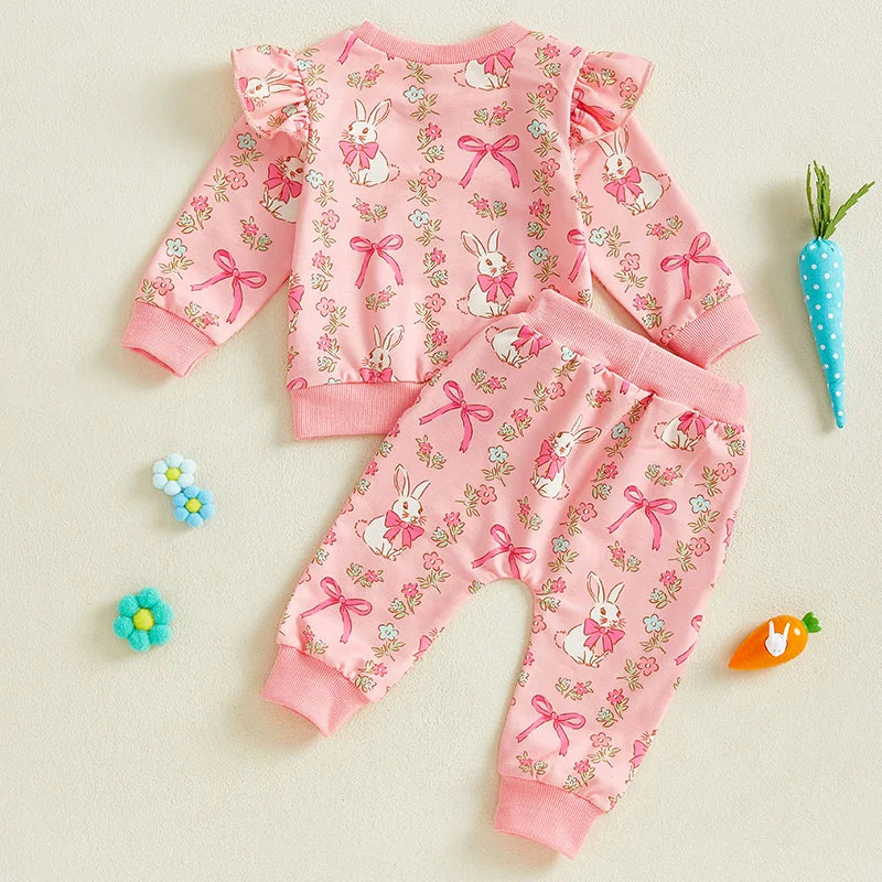 Baby Toddler Girls 2Pcs Easter Outfit Bow Bunny Rabbit Print Long Sleeve Top + Elastic Waist Long Pants Spring Set