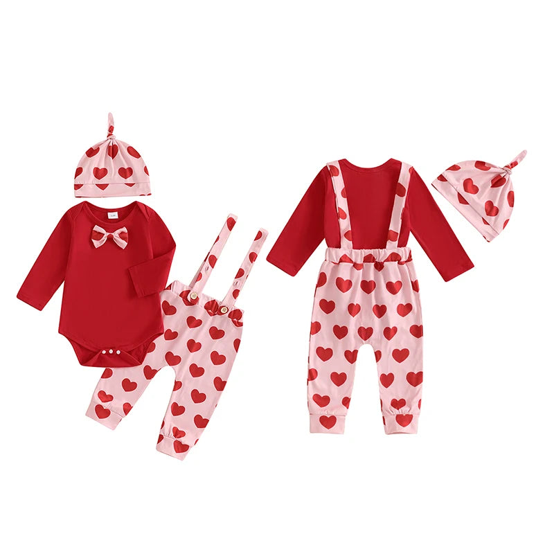 Baby Boys Girls 3Pcs Valentine’s Day Outfit Long Sleeve Romper with Bowtie Suspender Pants Hat Set Valentines