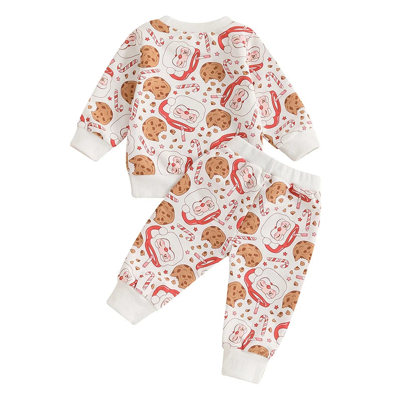 Baby Toddler Girls Boys 2Pcs Christmas Jogger Set Cookie Santa Claus Print Long Sleeve Top with Pants Outfit