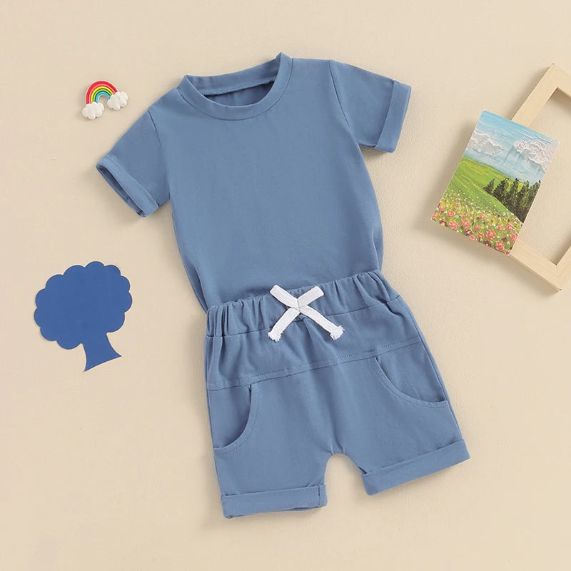 Baby Toddler Boys 2Pcs Summer Outfits Solid Color Rolled Hem Short Sleeve Top Elastic Waist Shorts Clothes Set