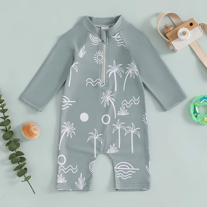 Baby Toddler Boys Girls Rash Guard Swimwear Animal/Floral/Tree Print Long Sleeve Mock Neck Zip Bathing Suit
