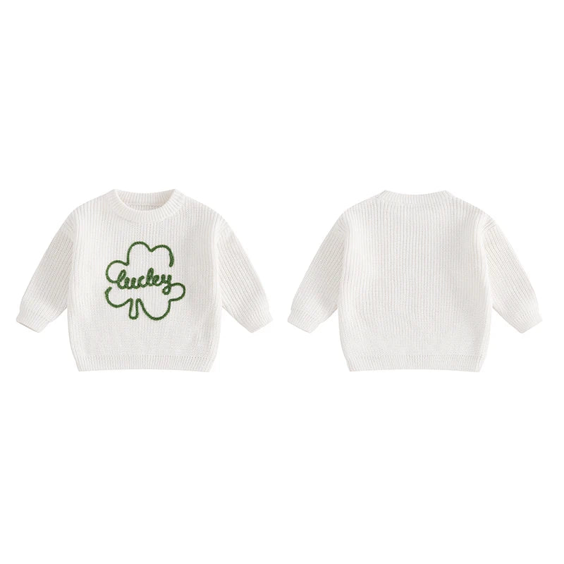 Baby Toddler Kids Boys Girls Lucky Knit Sweater Long Sleeve Round Neck Shamrock Letter Embroidery Pullover Spring St. Patrick's Day Top