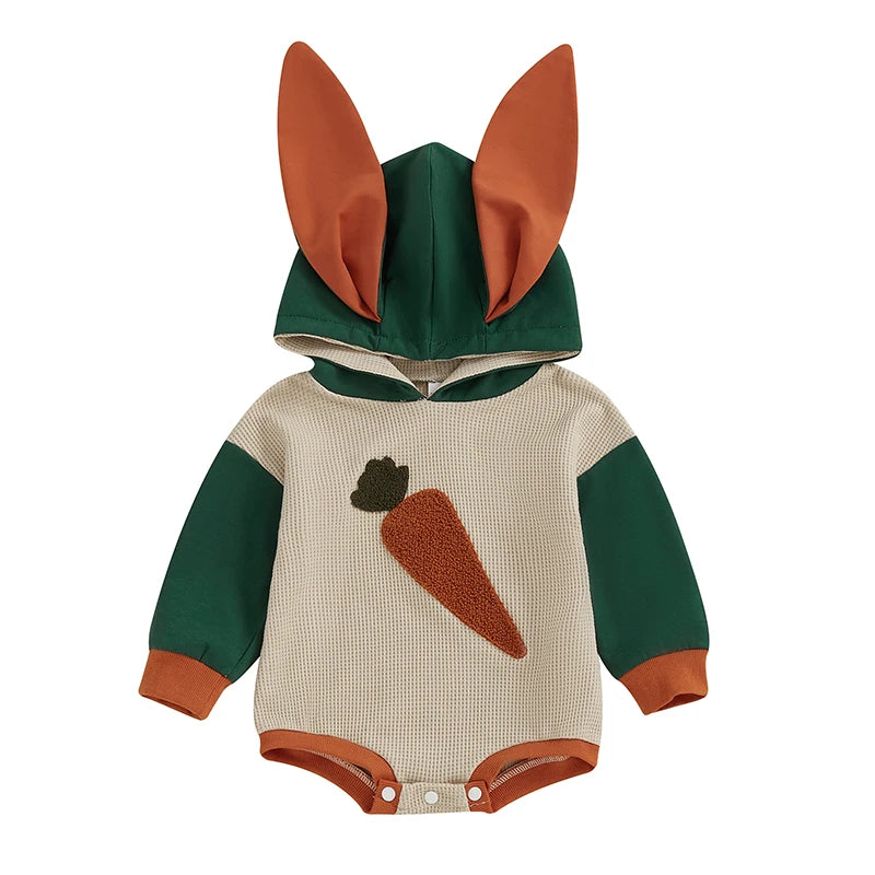 Baby Boys Girls Hooded Rabbit Ears Romper Fall Spring Long Sleeve Carrot Embroidery Loose Playsuit Easter