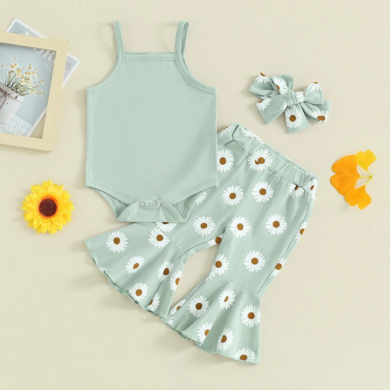 Baby Girls 3Pcs Summer Outfit, Sleeveless Tank Top Romper with Daisy Flower Print Flare Long Pants and Headband