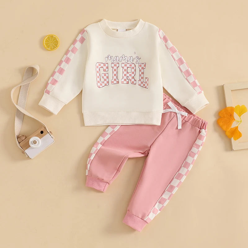 Baby Toddler Boys Girls 2Pcs Mama's Boy / Girl Outfit Checkered Letter Print Long Sleeve Crewneck Top and Elastic Pants Jogger Set