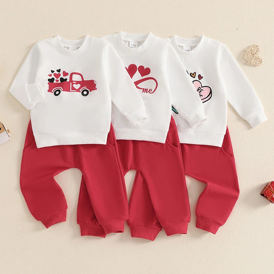 Baby Toddler Boys Girls 2Pcs Valentine's Day Outfit Heart Truck / Infinity You Me / Candy Hearts Print Crew Neck Long Sleeve Top Long Pants Valentines Jogger Set