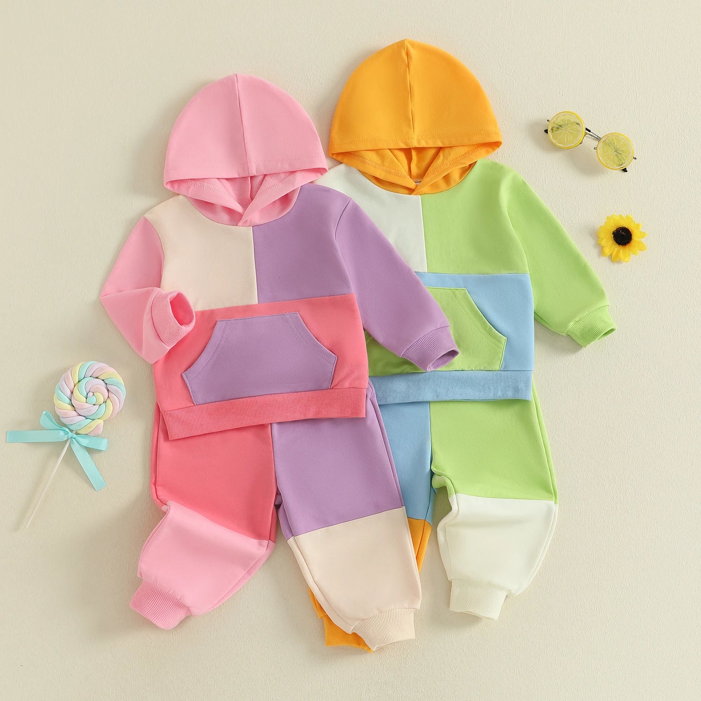 Baby Toddler Boys Girls 2Pcs Fall Outfit Loose Fit Contrast Color Long Sleeve Hoodie and Pants Jogger Set