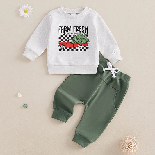 Baby Toddler Boys 2Pcs Farm Fresh Christmas Trees Outfit Long Sleeve Red Truck Print Crewneck Top and Pocket Pants Jogger Set Winter