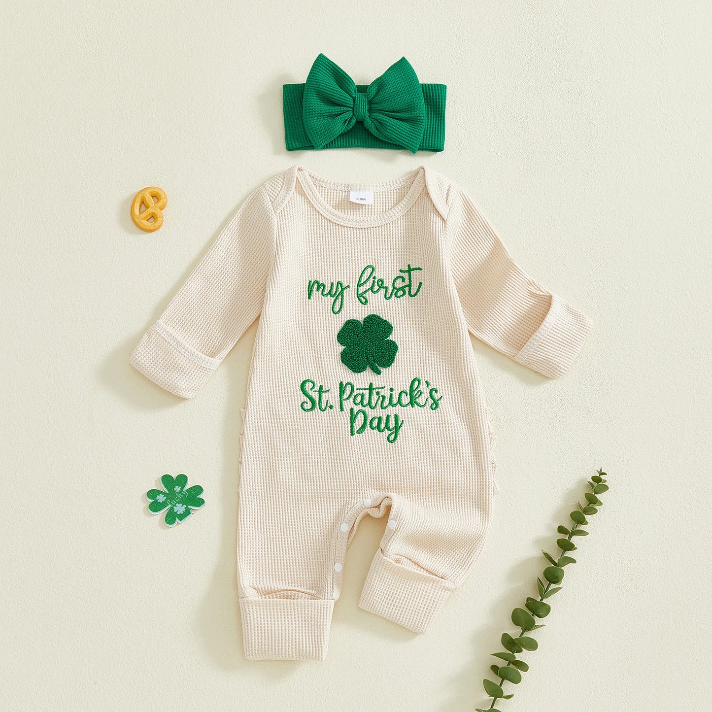 Baby Girl 2Pcs My First St. Patrick's Day Spring Romper Long Sleeve O Neck Letter Clover Embroidery Jumpsuit with Headband Set