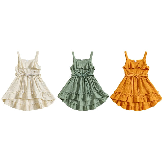 Baby Toddler Girls Summer Dress Casual Sleeveless Tank Square Neck Tie Belt A-Line Dress