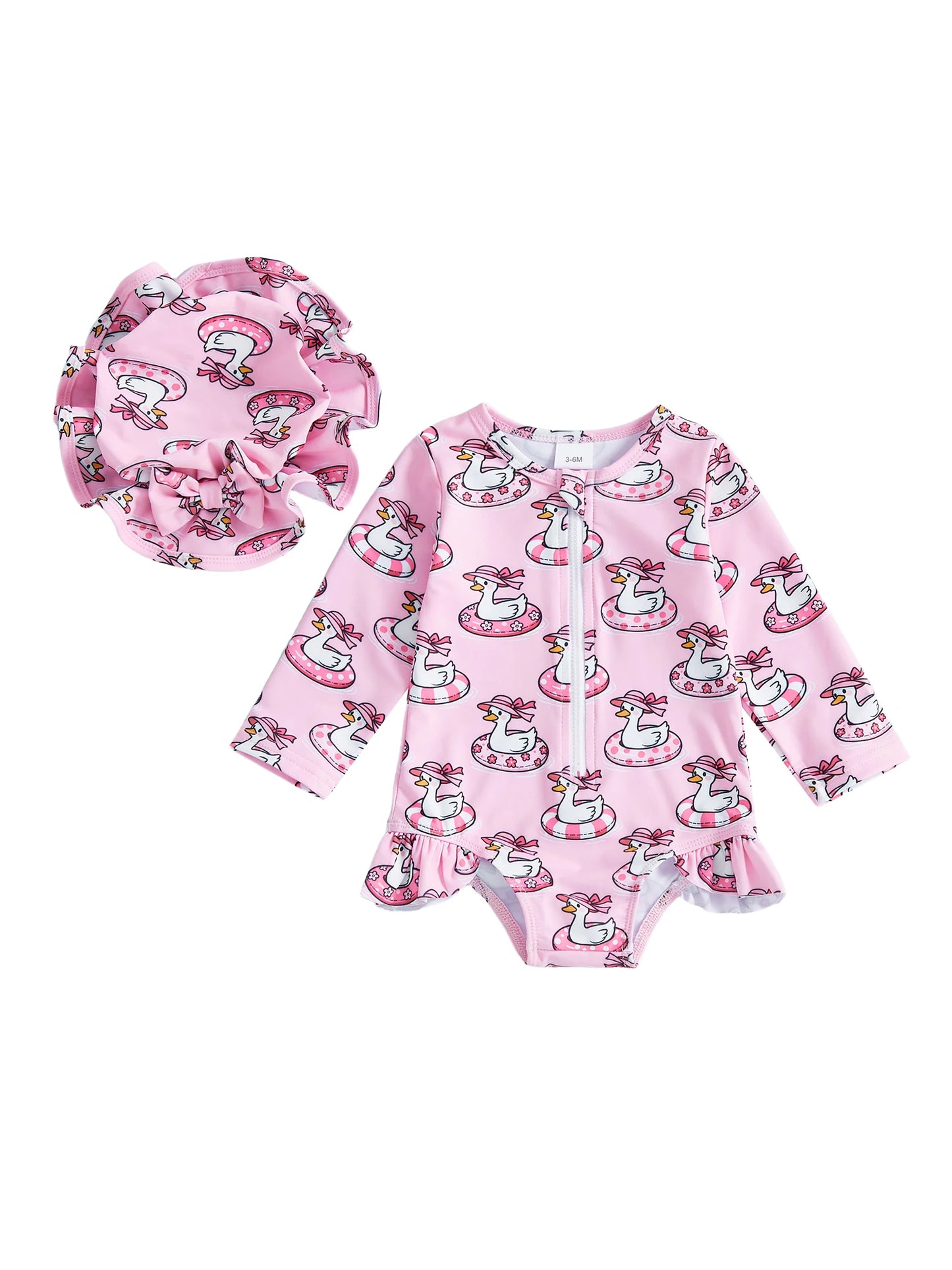 Baby Toddler Girls 2Pcs Swimsuit Set Duck/Shell Print Crew Neck Long Sleeve Zipper Rash Guard Swimwear and Sun Hat