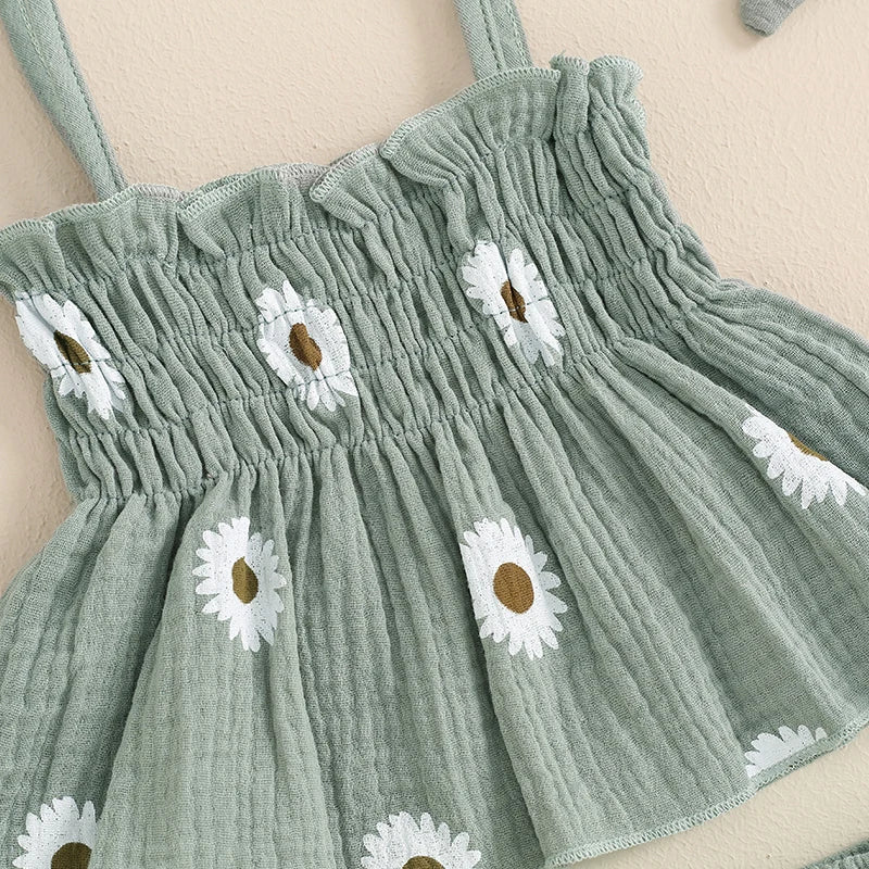 Baby Girls 3Pcs Shorts Set Spaghetti Straps Pleated Flower Print Camisole Top with Shorts Hairband Summer Outfit