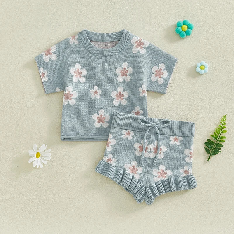 Baby Toddler Girls 2Pcs Clothes Set Short Sleeve Floral Flowers Print Knit Top +Shorts Bloomers Spring Outfit