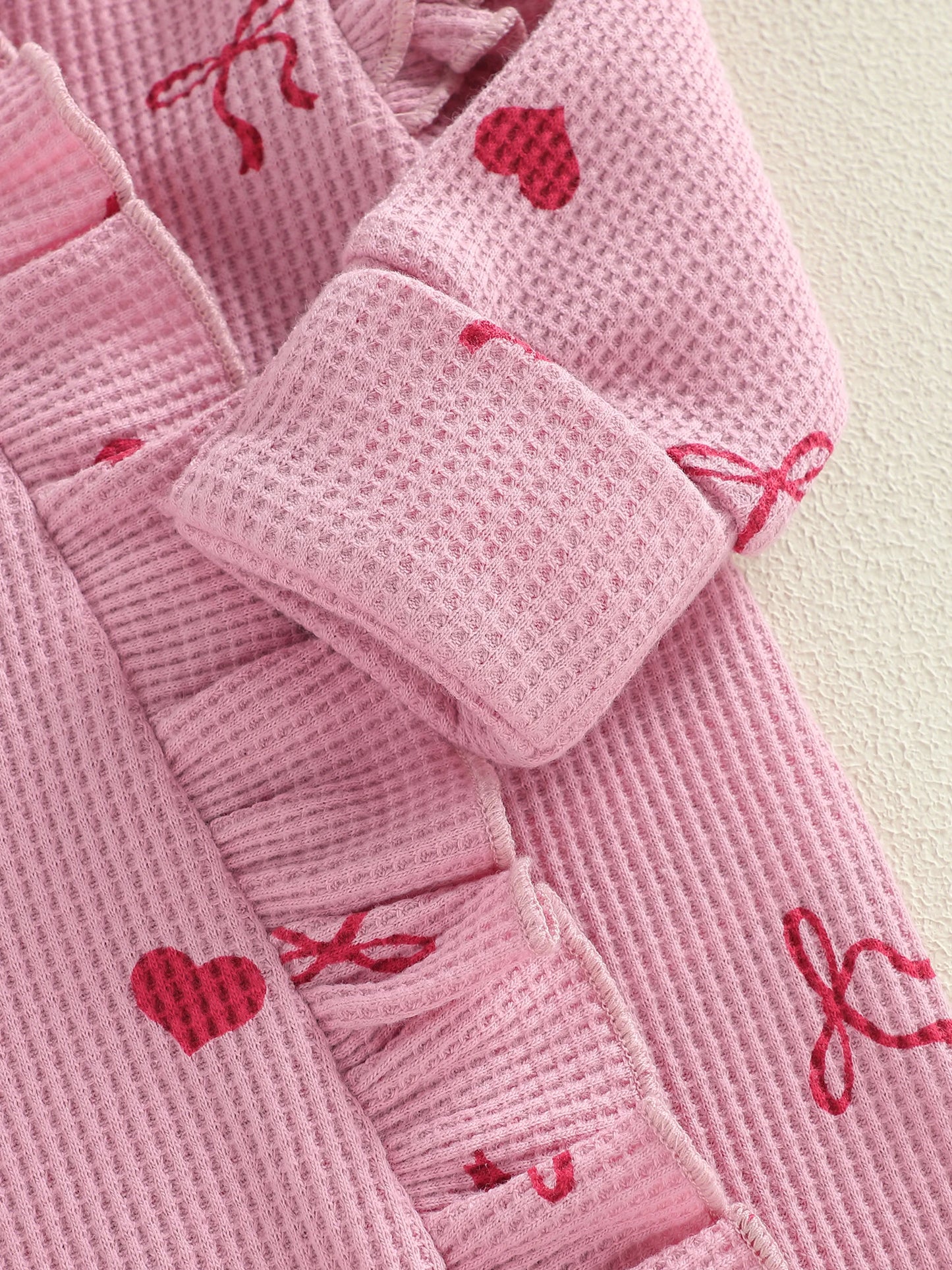 Baby Girls 2Pcs Valentine's Day Romper Outfit Heart Print Ruffle Long Sleeve Jumpsuits Bow Headband Set