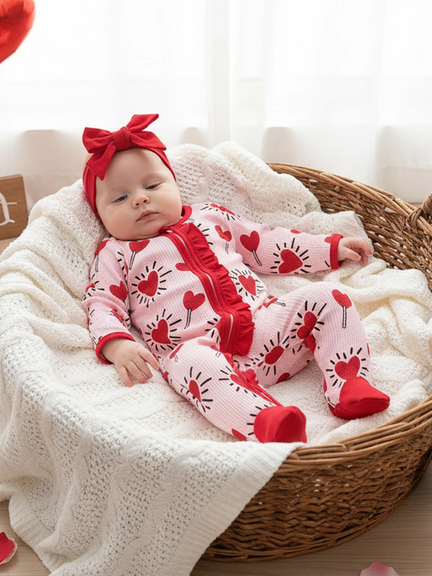 Baby Girl 2Pcs Valentines Day Zipper Romper Heart Candy Pattern Long Sleeve Zip Up Round Neck Footed Jumpsuit with Bow Headband Set