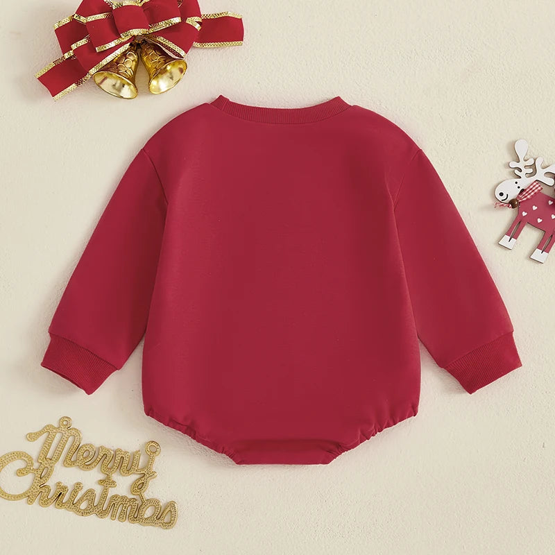 Baby Boys Girls Merry Christmas Bubble Romper Long Sleeve Crew Neck Santa Letters Embroidery Jumpsuit